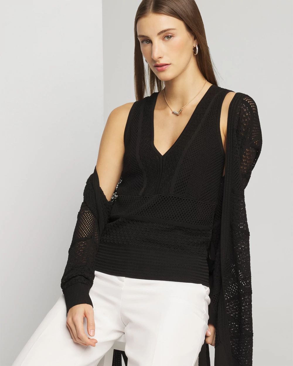 Sleeveless Pointelle V - Bleach White/Latte